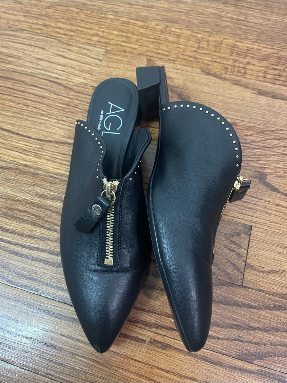 AGL Black Leather Pointed Mule with Gold Zipper & Stud Trim